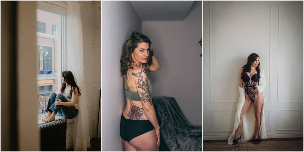 Examples of 3 clients in casual as well as glammed up hollywood style for their boudoir sessions